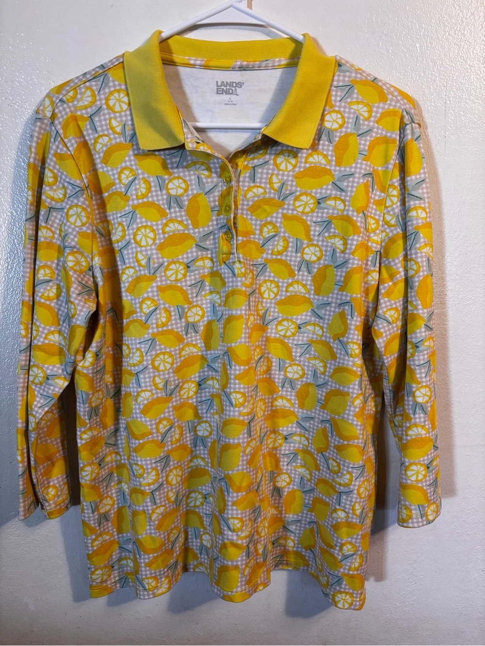 Lands' End Womens Yellow Lemon-Print 3/4 Sleeve Polo